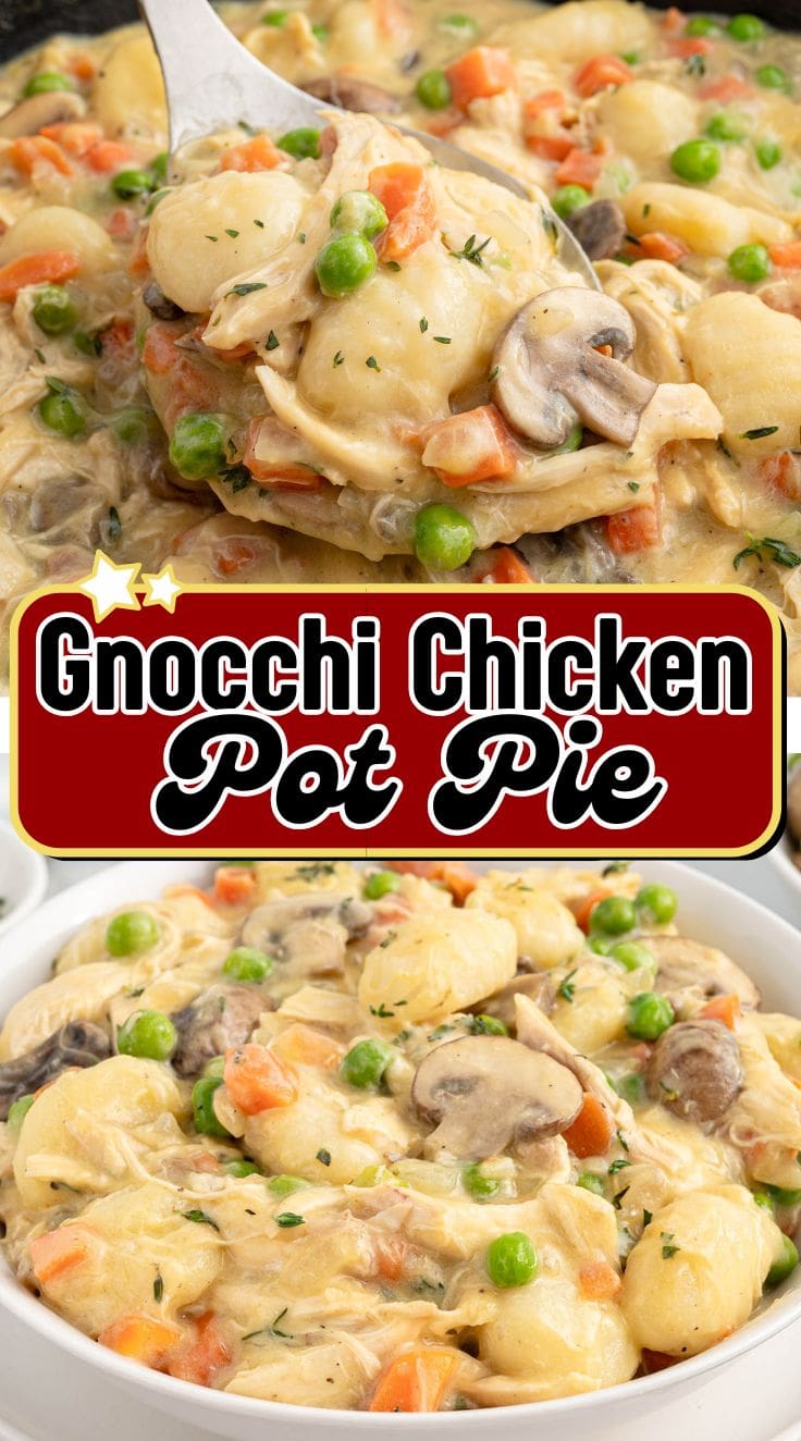 A spoon digging into Gnocchi Chicken Pot Pie