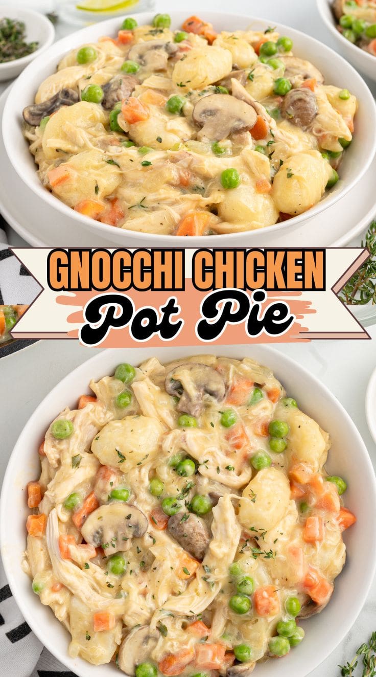 Creamy Gnocchi Chicken Pot Pie served in a white bowl.