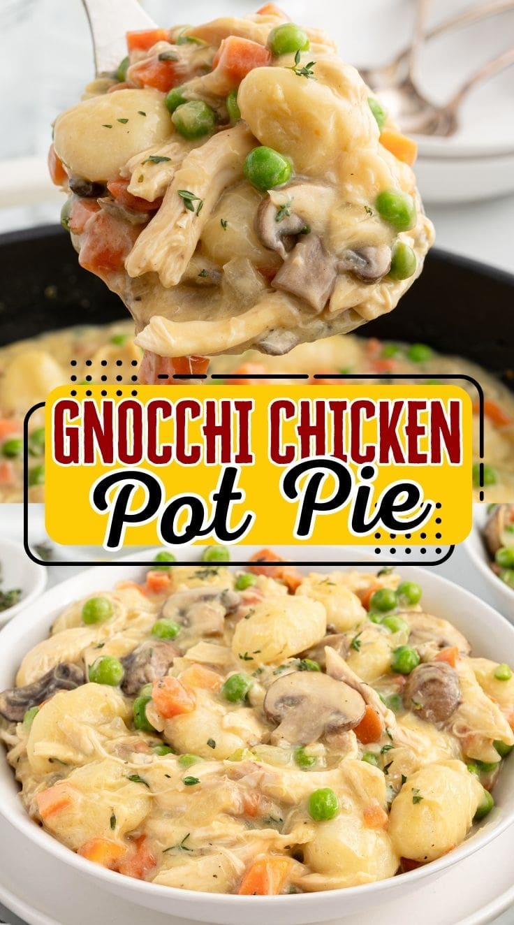 Gnocchi Chicken Pot Pie served in a white ceramic bowl.