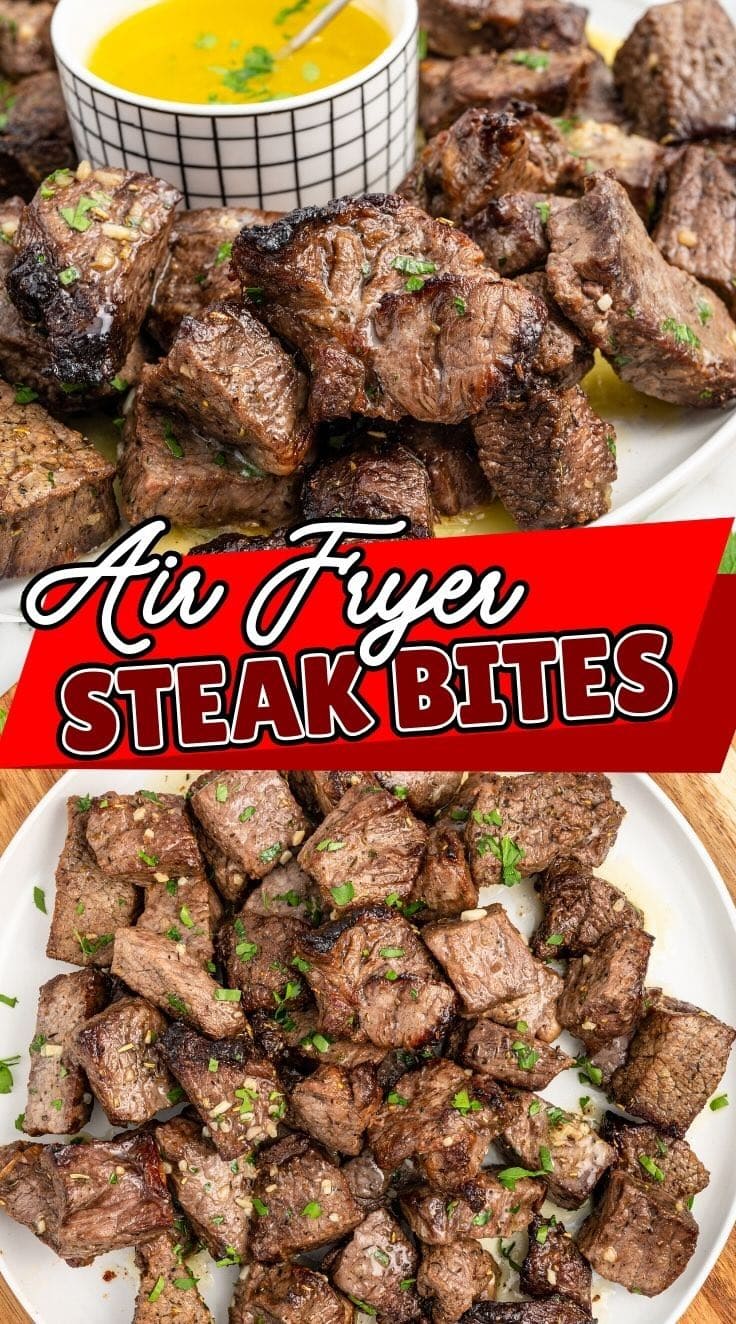 Top view of Air Fryer Steak Bites on a white plate.