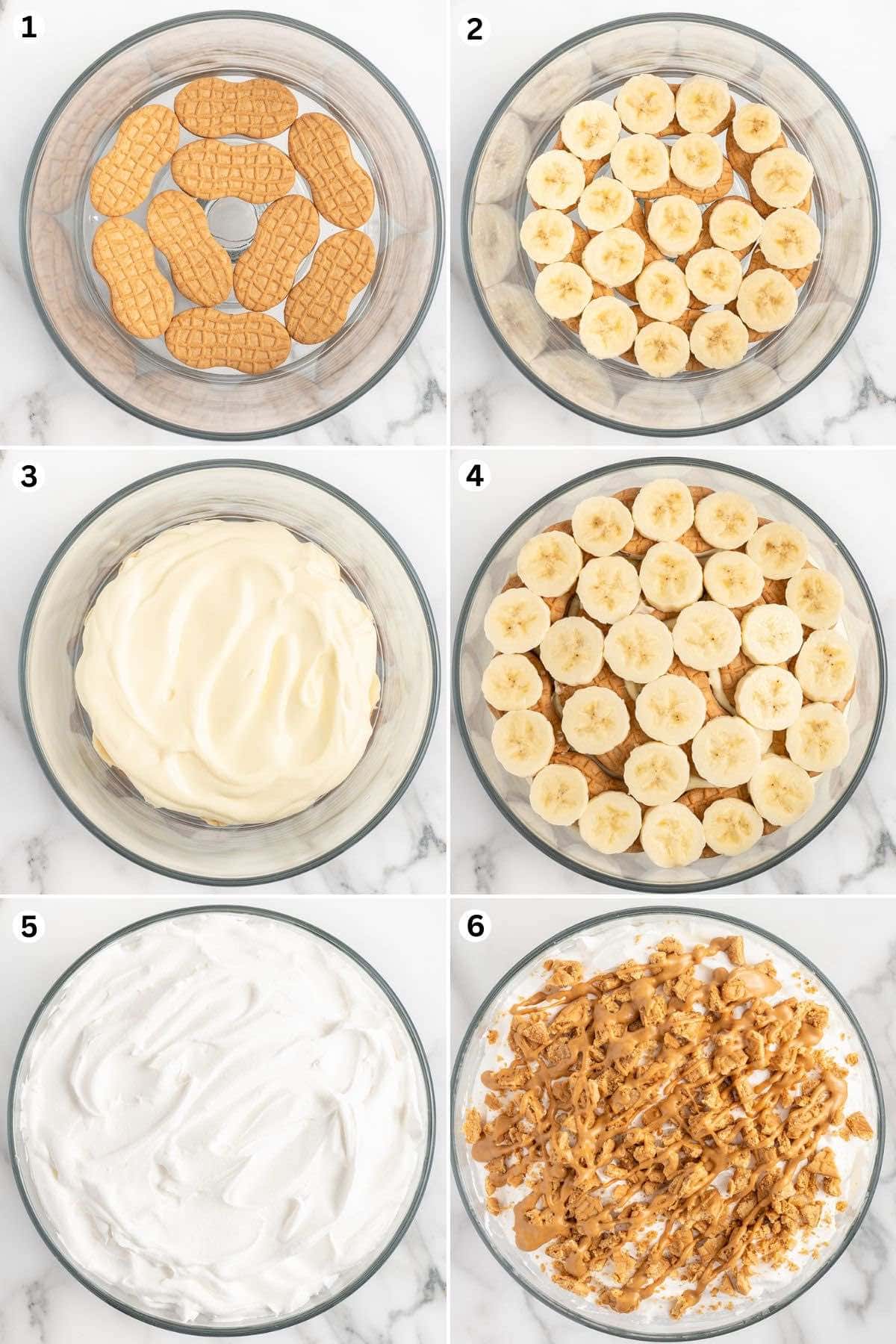 place the nutter butter at the bottom of the trifle bowl. top with banana slices. top with pudding mixture and repeat. add whipped cream and crushed nutter butter on top.