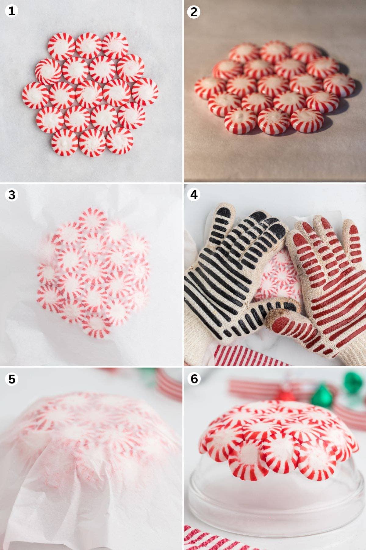 Making a peppermint candy bowl: arrange mints in a circle, heat until melted, mold over an upside-down bowl, and cool until set.