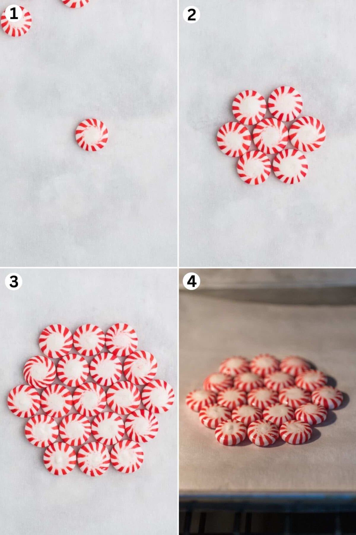 arrange the peppermint candy on top of baking sheet. place in the oven.