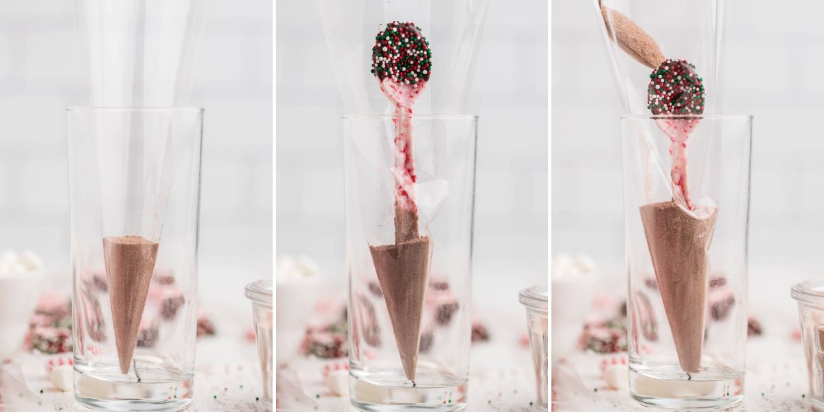 fill the gift bag with chocolate mix, marshmallows and the spoon.