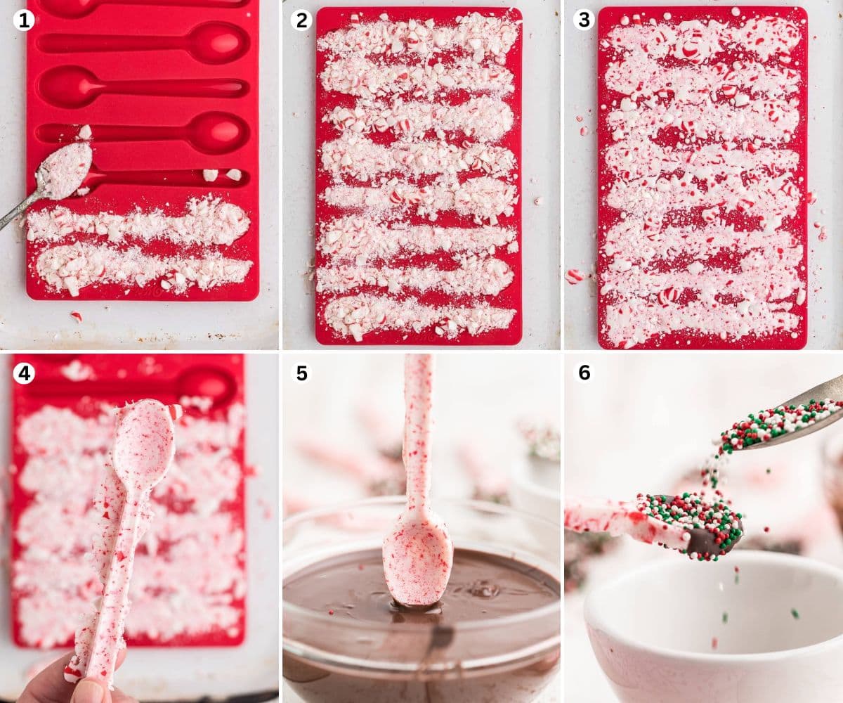 fill the mold with crushed peppermint candy. bake and take out the spoon from the mold. dip in melted chocolate and add some sprinkles.