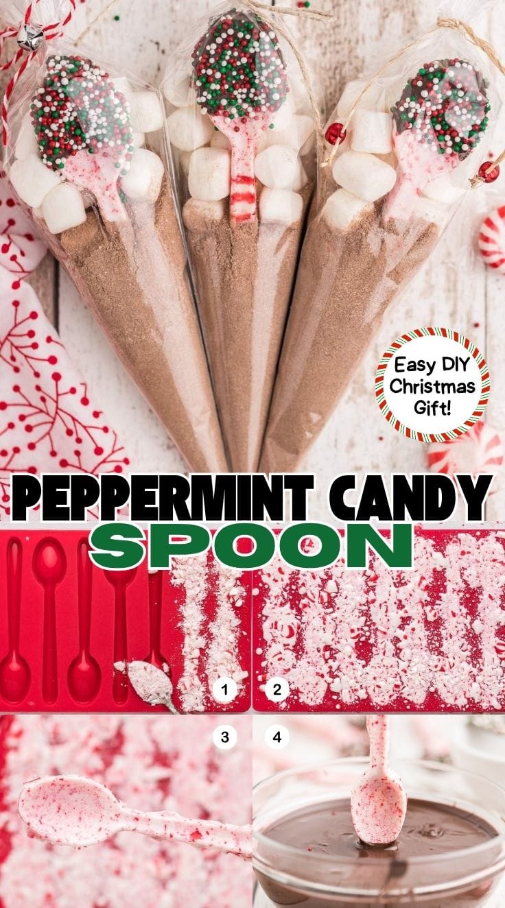 Peppermint Candy spoon wrapped with marshmallow and cocoa powder, ready for Christmas gift