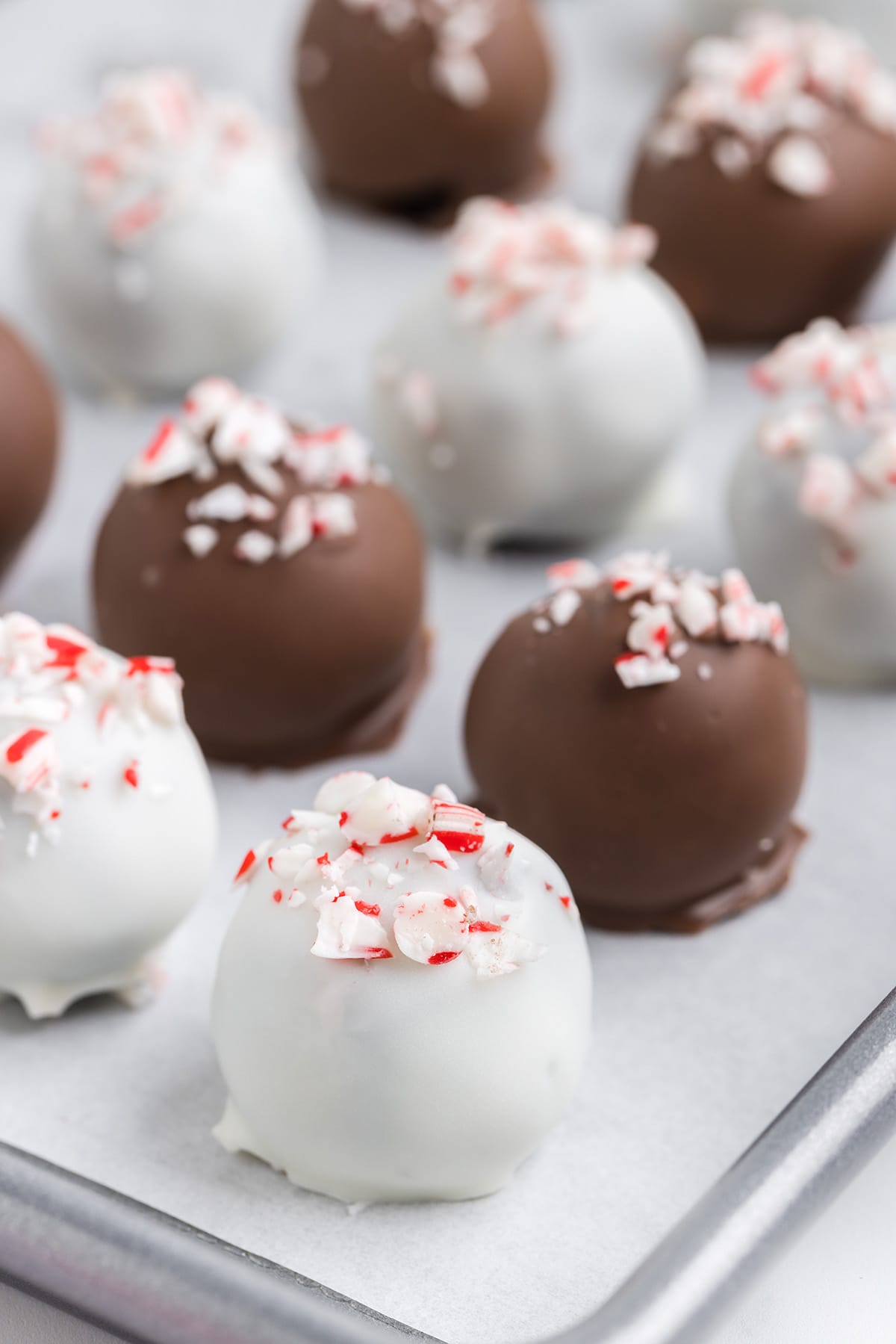 peppermint oreo truffles topped with crushed peppermint candy.