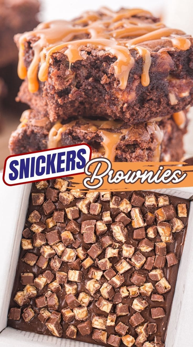 Sliced Snickers Brownie stacked on top of each other with drizzles of caramel on top