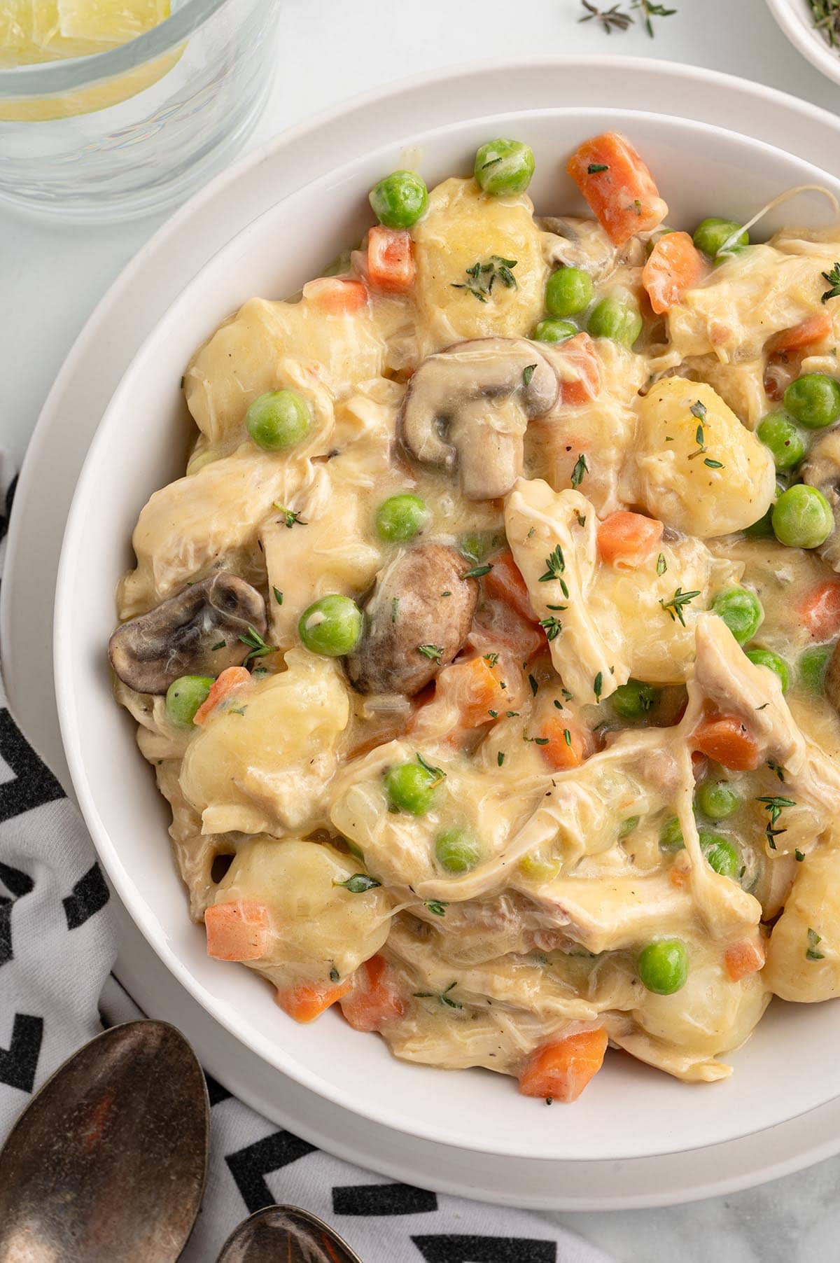 gnocchi chicken pot pie in a bowl. 