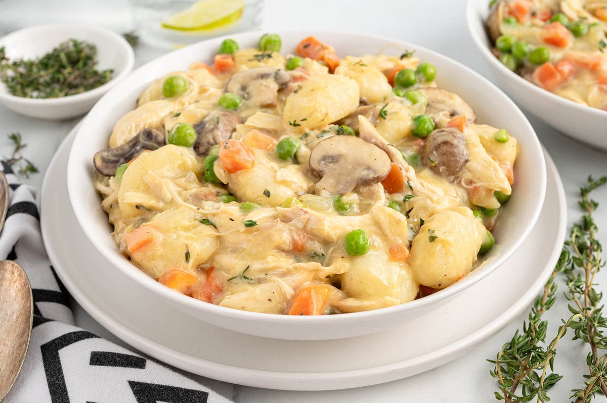 gnocchi chicken pot pie served in a bowl