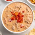 rotel dip in a small white bowl.