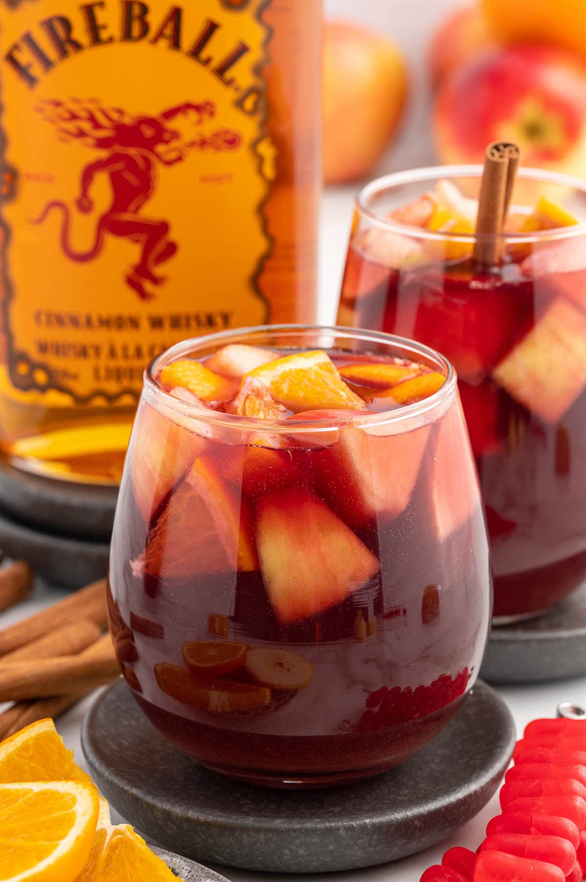 Fireball Sangria garnished with fruit slices.