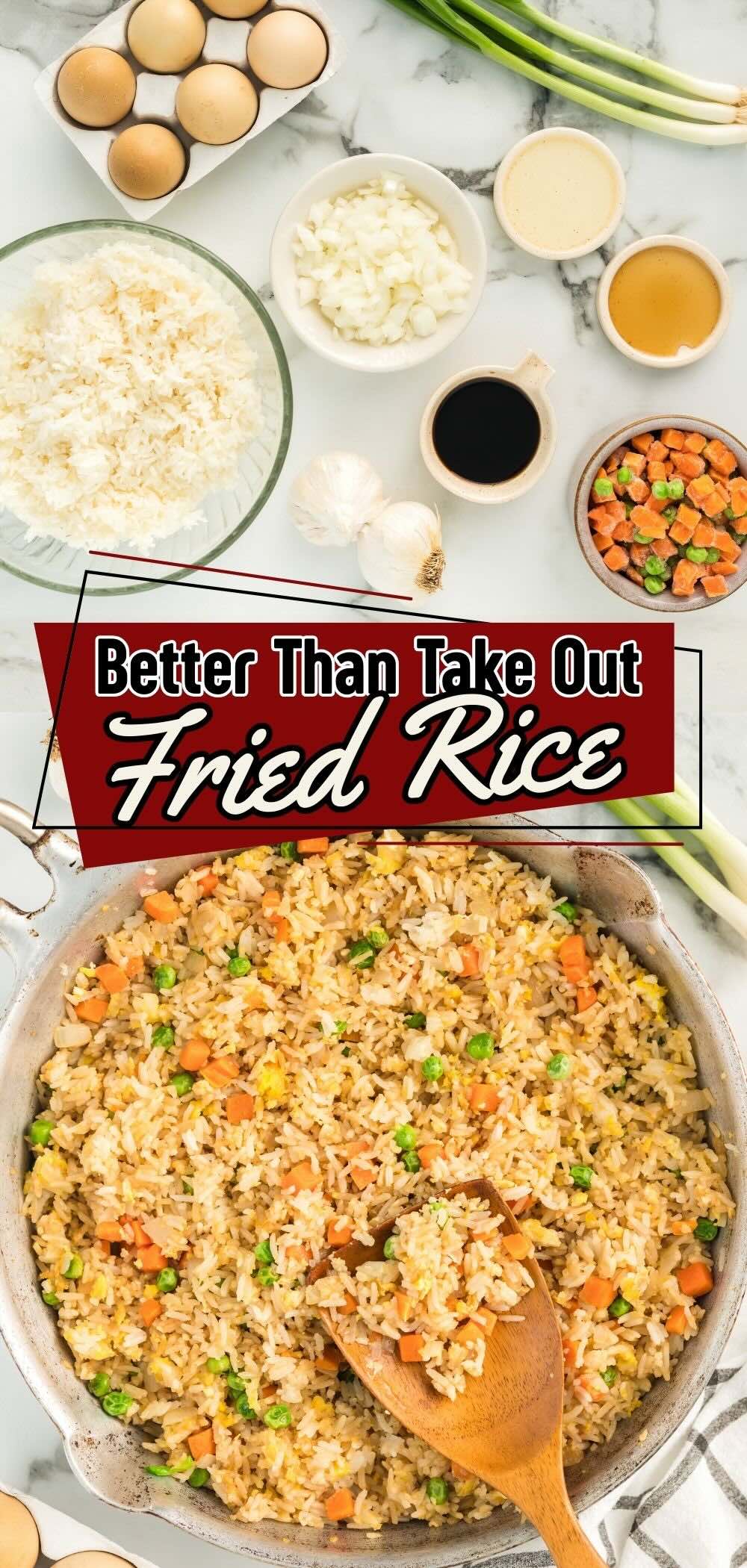 A wooden spatula digging into easy fried rice.