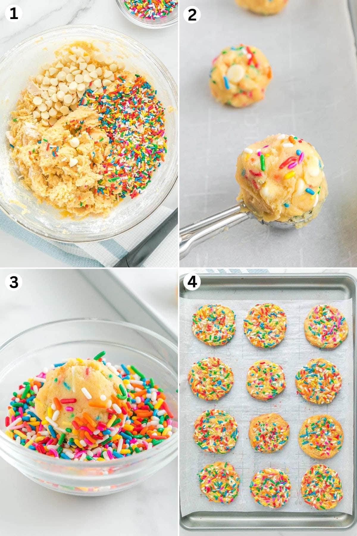 In a mixing bowl, combine all the ingredients and mix. Scoop each cookie and roll in the palms of your hands. Roll each cookie ball into the sprinkles. Place the cookie on the baking sheet and bake.