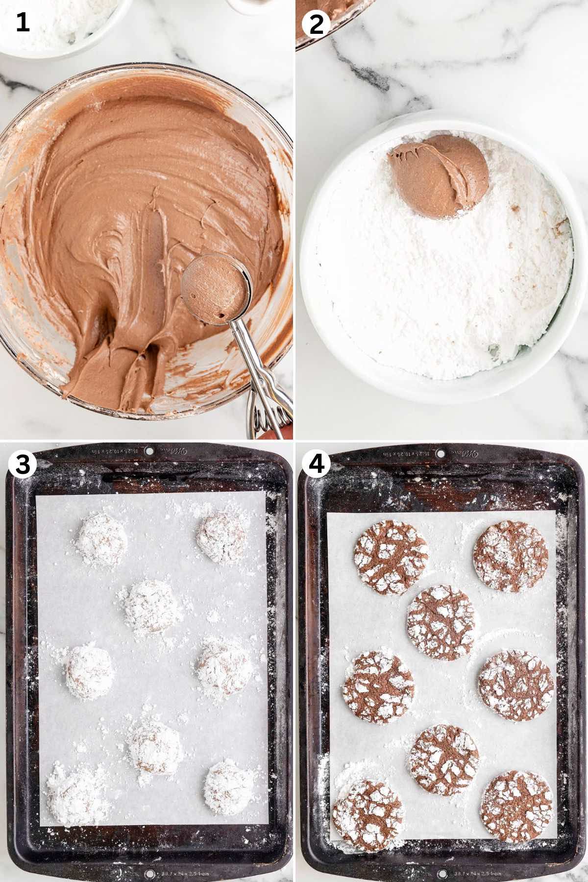 combine ingredients in a bowl. scoop the cookie dough balls and roll in the powdered sugar. Place the cookies onto a sheet pan. Bake.