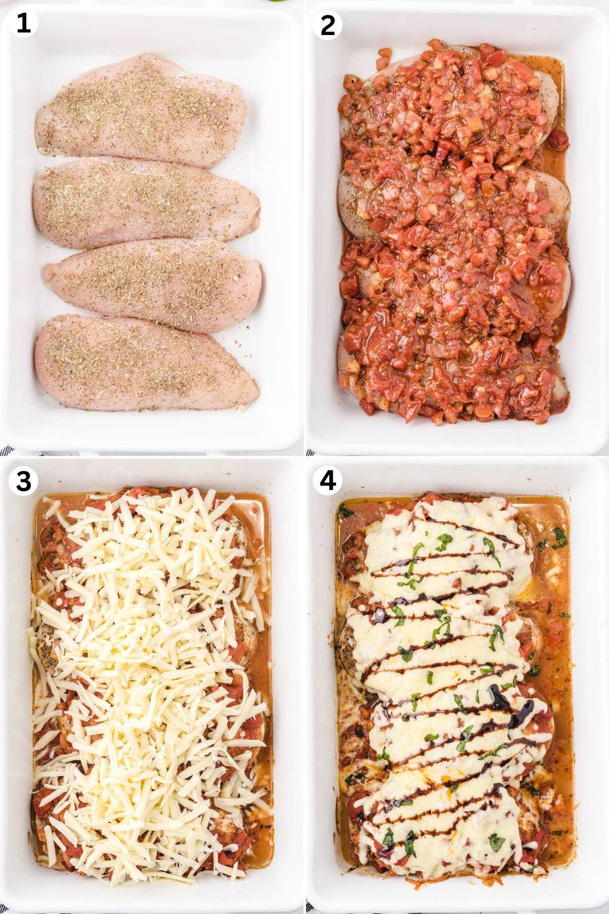 place chicken breasts in baking dish. top with bruschetta and shredded cheese. bake and drizzle with balsamic oil.
