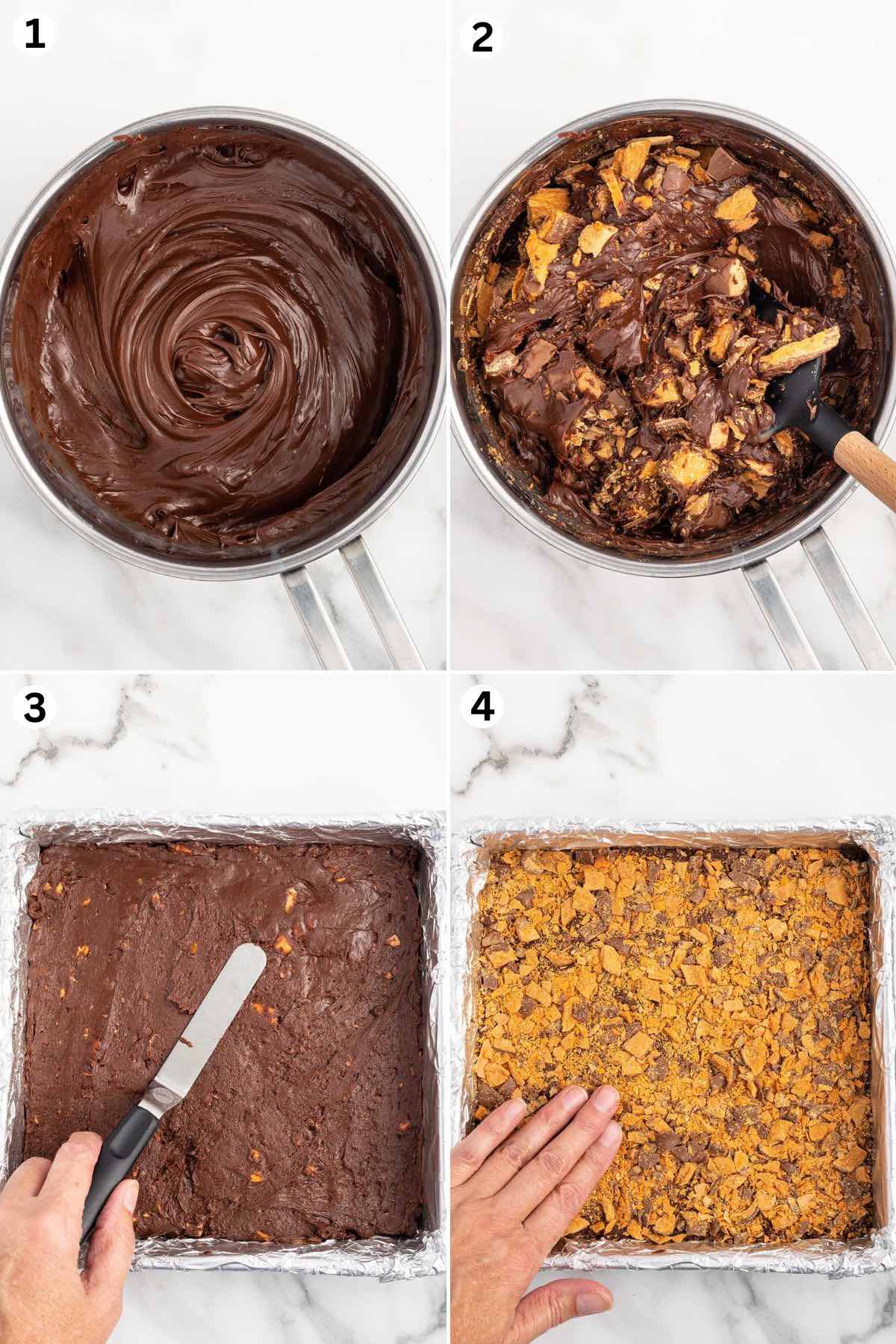 Melt the chocolate chips and add the other ingredients. Fold in the chopped candies. Spread the mixture into the pan. Add more chopped candies on top.