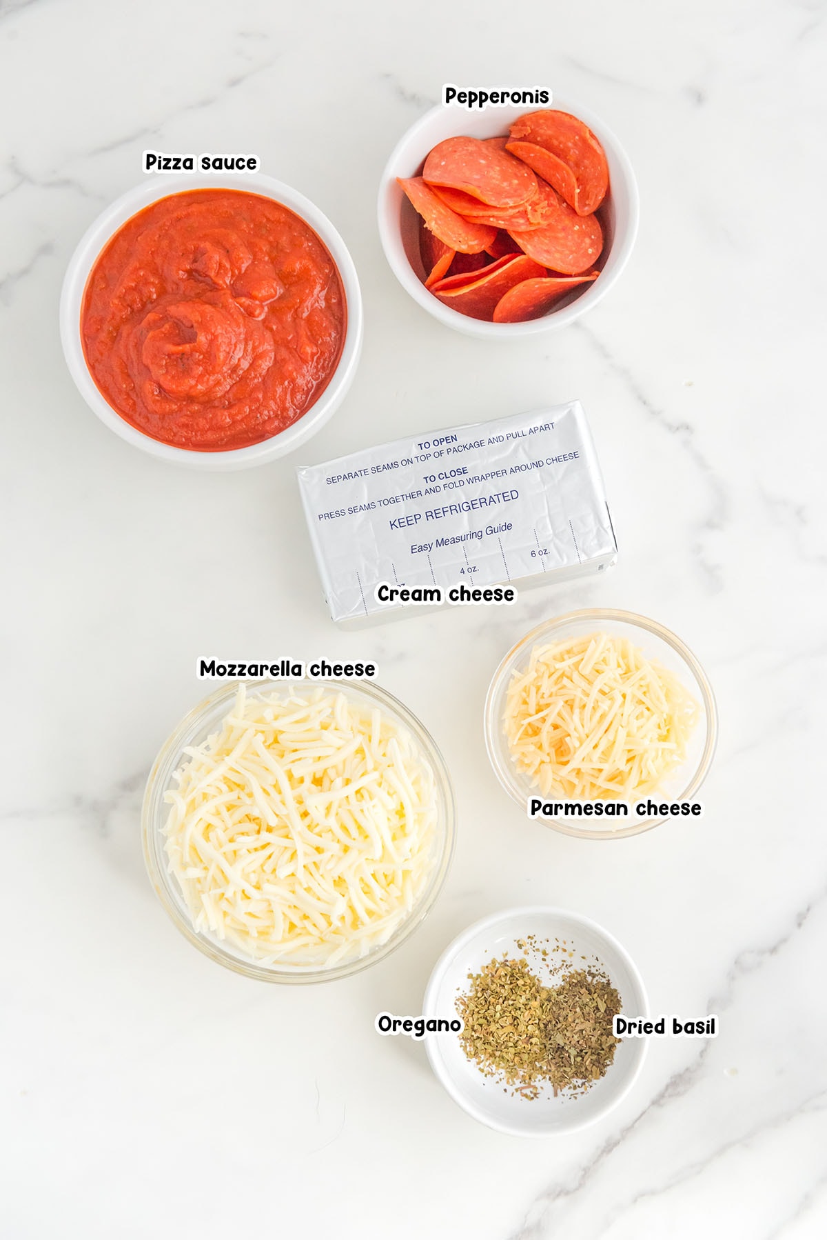 Cheese Pizza Dip ingredients.
