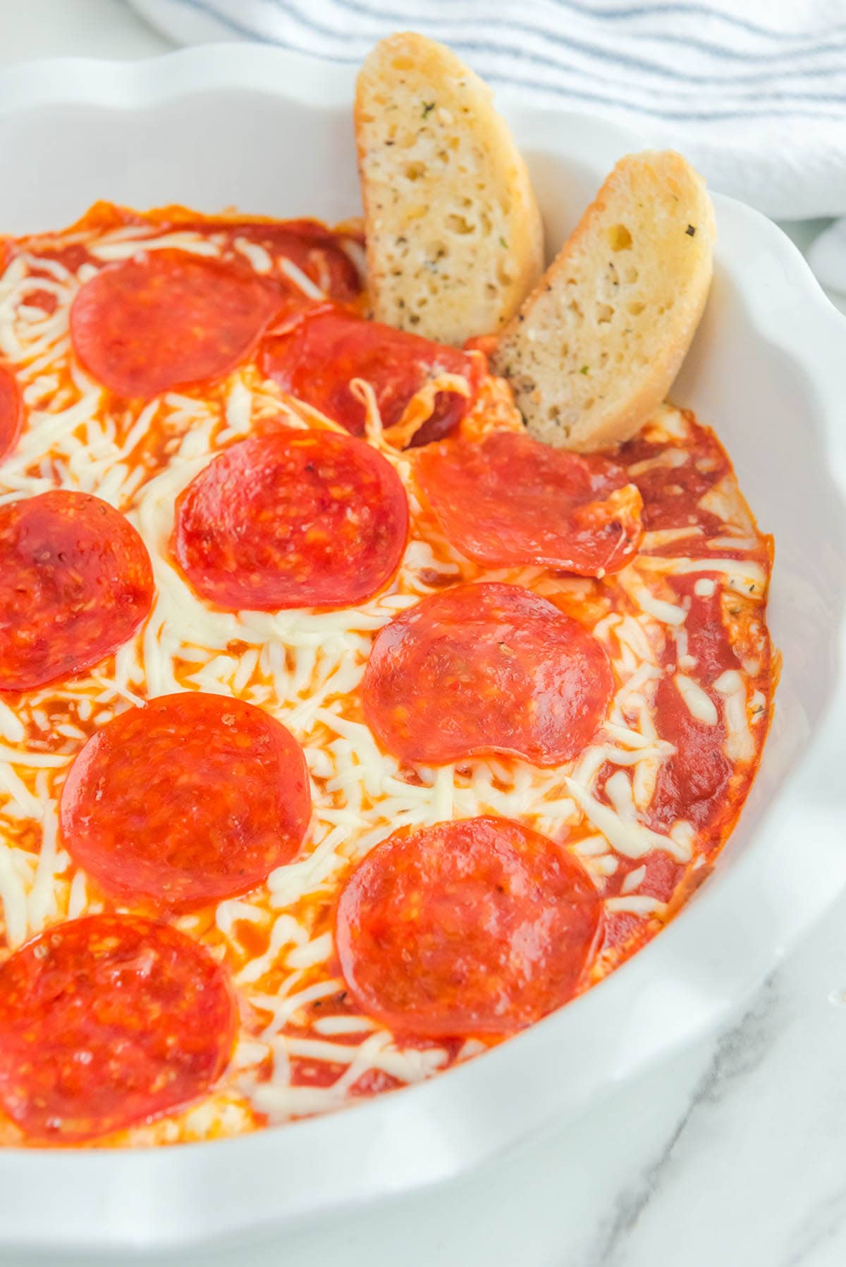 Cheese Pizza Dip in a white pan.