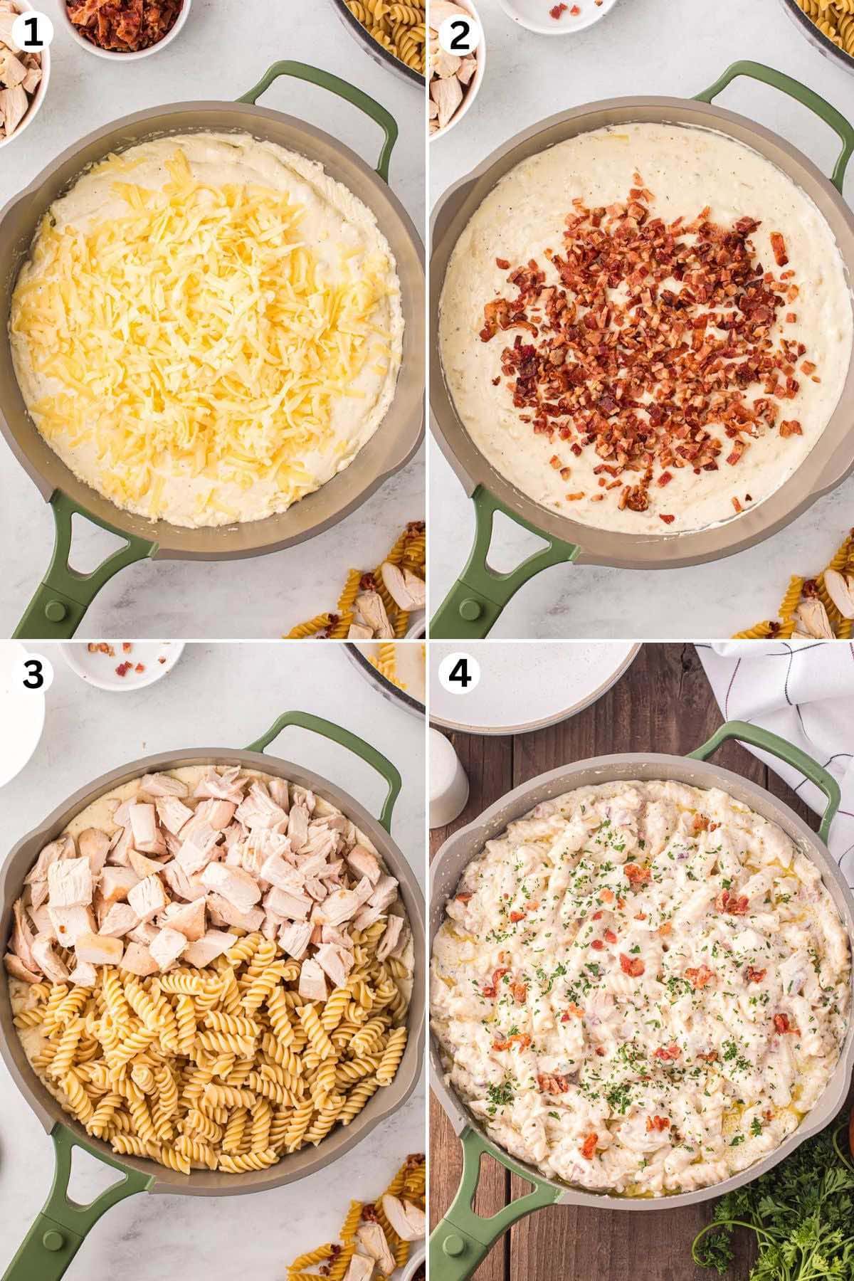 Make the ranch mixture then add the shredded cheese and bacon. Mix in the cooked pasta and chicken. Sprinkle with bacon.
