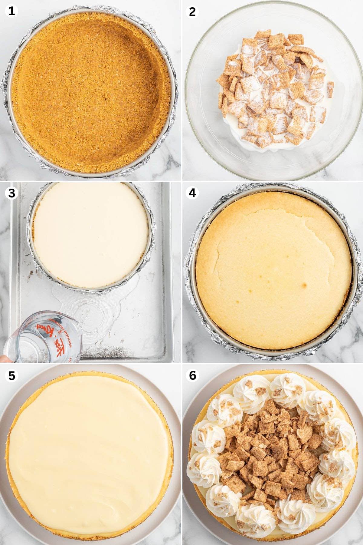 step 1. Create the crust.
step 2. In a small bowl, combine the cinnamon toast crunch and heavy cream.
step 3. Slowly pour the cheesecake filling into the crust.
step 4. Bake the cheesecake.
step 5. Remove the cheesecake from the pan and put it in a plate.
step 6. Decorate the cheesecake and pour the cinnamon toast crunch at the center.