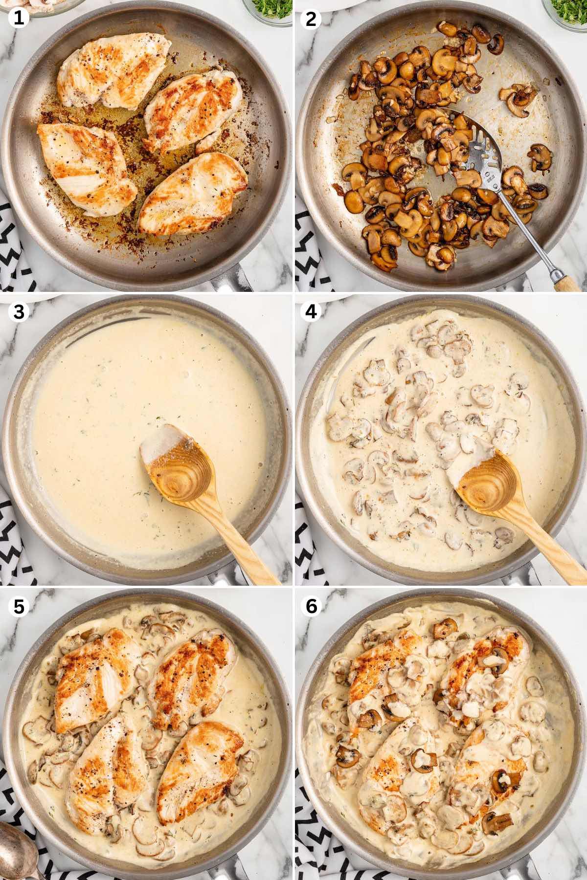 Cook the chicken breast. Add the mushroom and cook until dark golden brown. Add the heavy cream and other ingredients. Add the mushrooms back into the skillet. Add the chicken to the skillet and spoon the sauce and mushrooms over the chicken.
