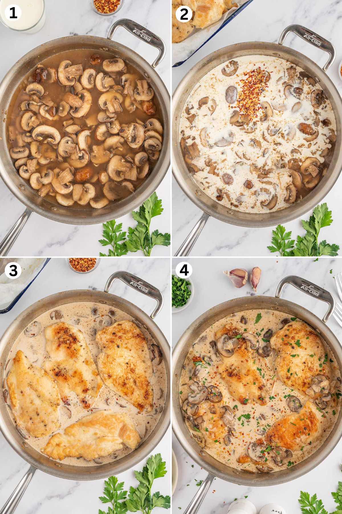 Cook the mushrooms. Pour in the whipping cream and red pepper flakes. Add the cooked chicken into the skillet. Garnish with chopped parsley.