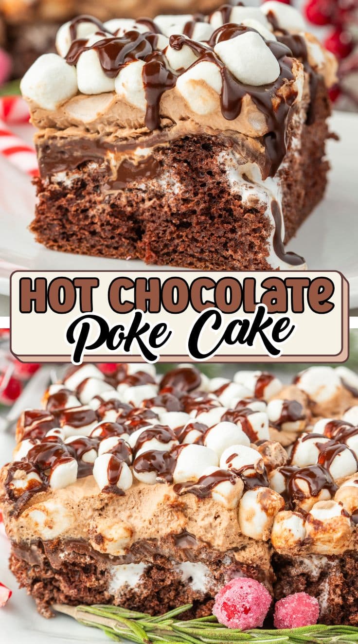 A slice of Hot Chocolate Poke Cake on a white plate