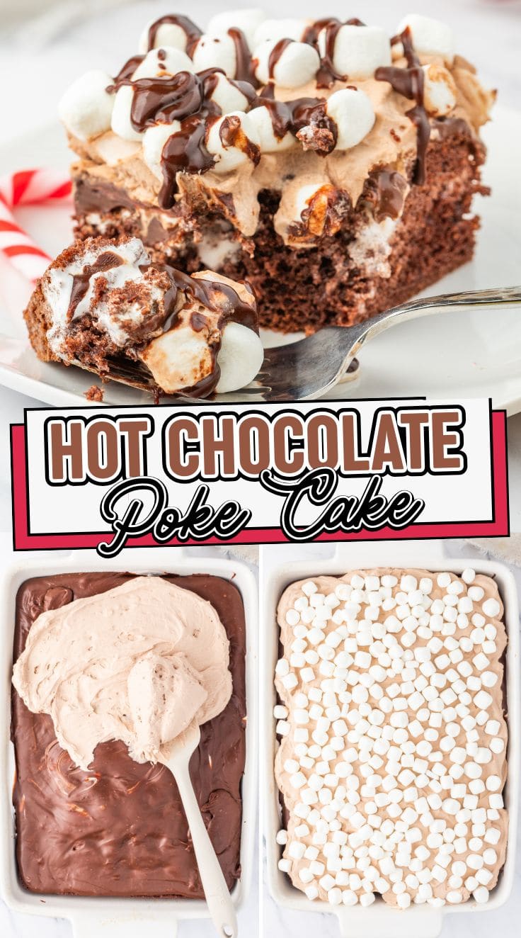 A fork digging into a slice of Hot Chocolate Poke Cake