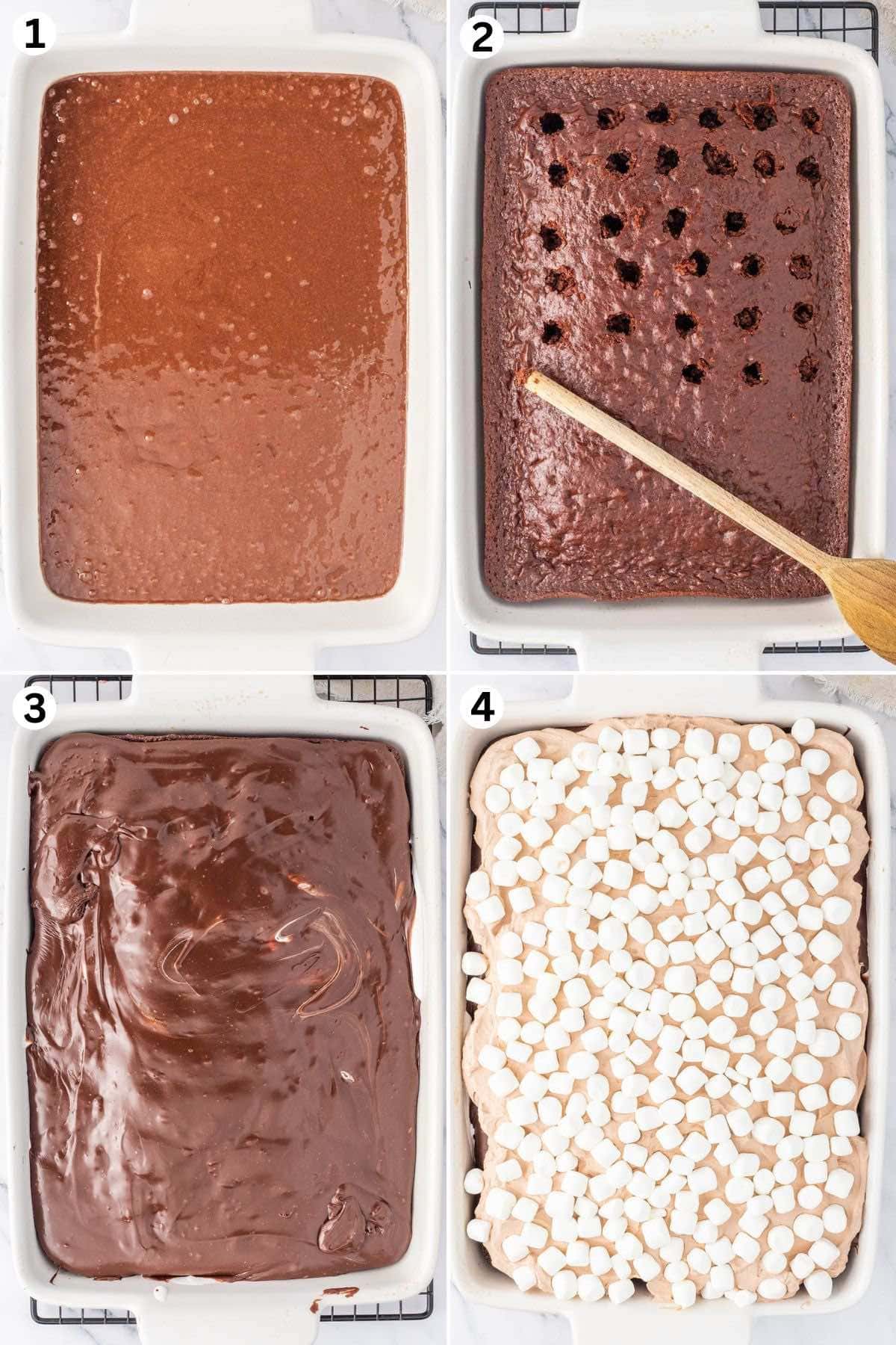step 1. In a baking pan, mix the ingredients.
step 2. Poke large holes all over the cake using the handle of wooden spoon.
step 3. Spread the fudge filling over the cake.
step 4. Pour the whipped topping over the cake and garnish with marshmallows.