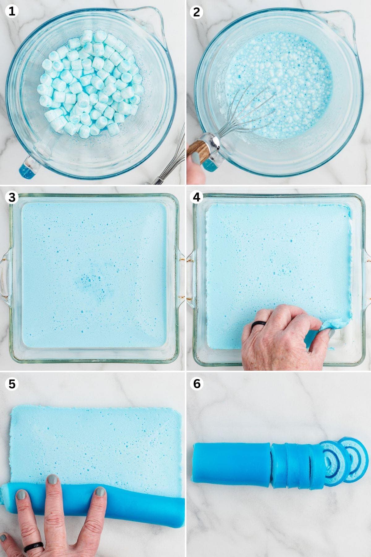 Melt the gelatin and marshmallows. Pour the mixture into the pan and let it set. Pull up one corner and pull to lift the sheet of jello out of the pan. Roll into a log and slice into 12 slices.
