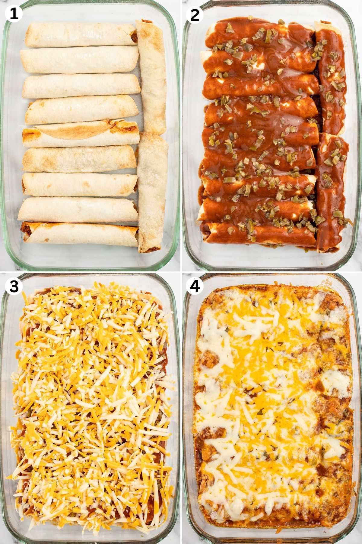 Place the taquitos into the baking dish. Pour the enchilada sauce over the taquitos. Top with shredded cheese and bake.
