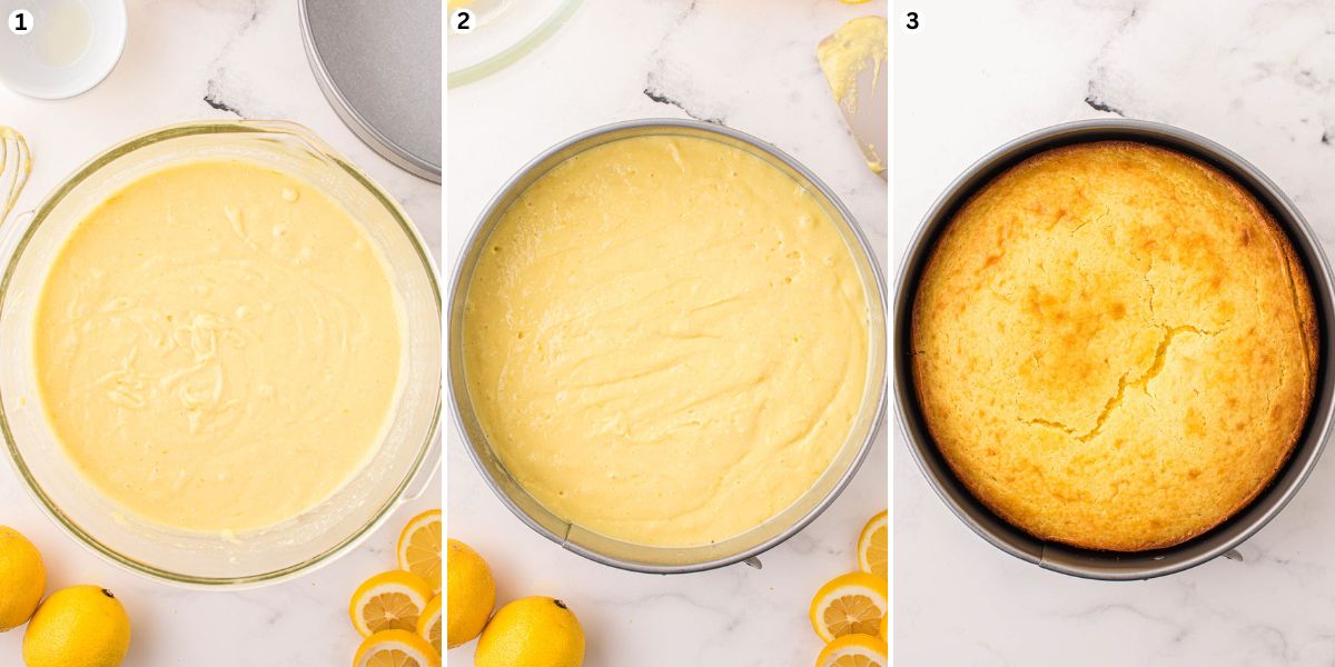 Mix the ingredients in a mixing bowl. Pour the cake batter into the baking pan. Bake and allow the cake to cool completely.
