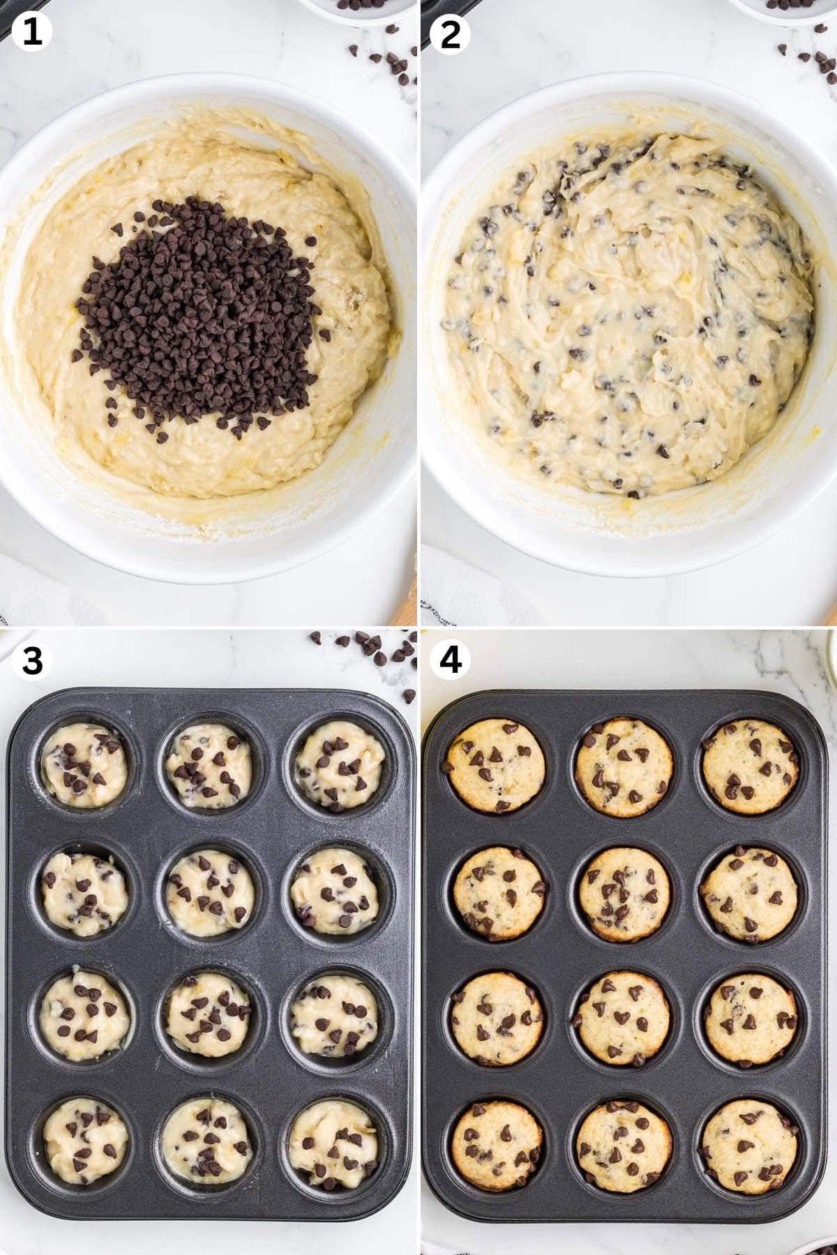 mix the ingredients in a bowl to make the batter. add mini chocolate chips into the bowl. pour into muffin pan and bake.