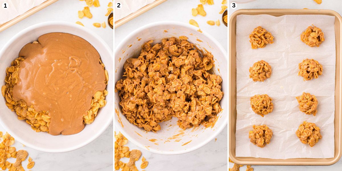 In a large bowl, pour the cornflake cereal and peanut butter. Mix well to combine. Scoop and drop cookies onto the baking sheet.