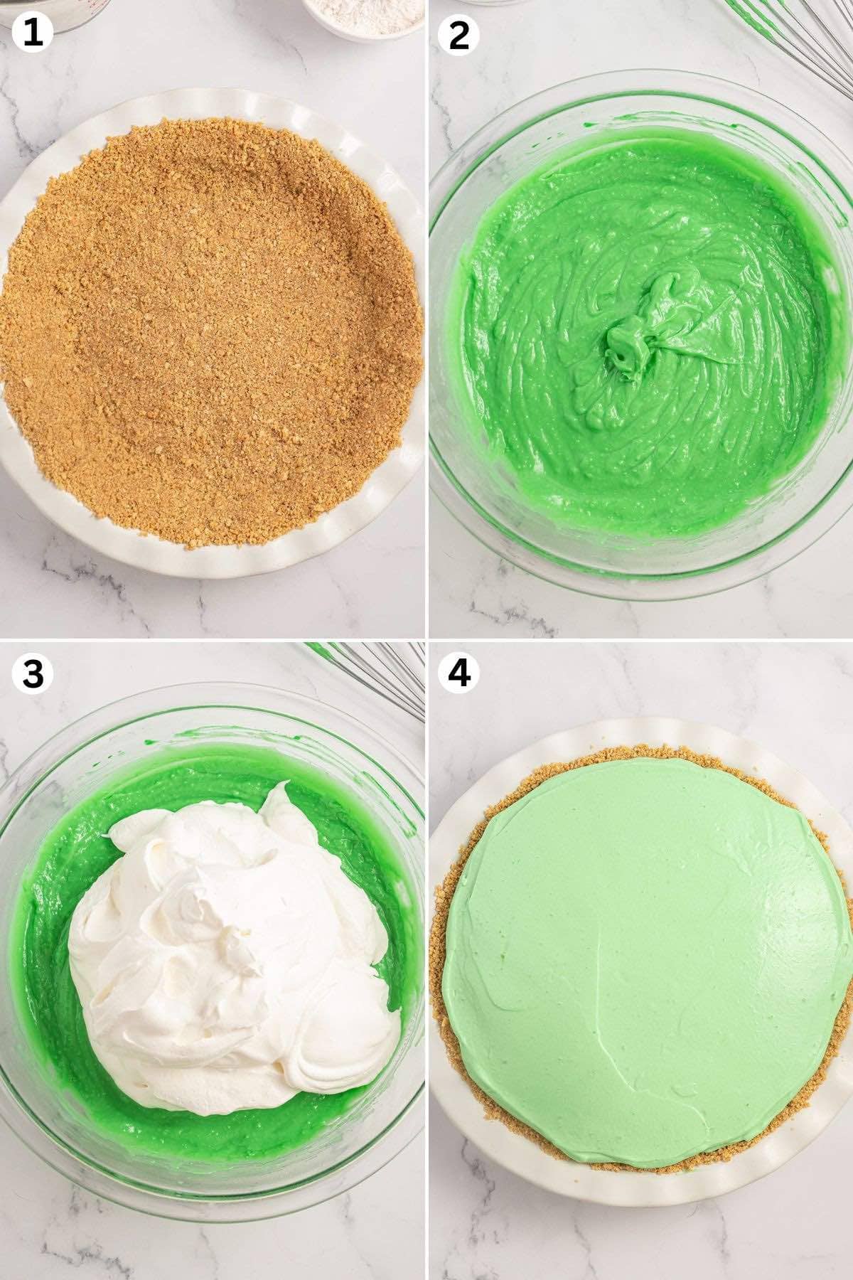 Create the crust. Prepare the pudding in a bowl. Fold the whipped topping into the pudding. Pour the pie filling into the crust and smooth out the top of the pie.