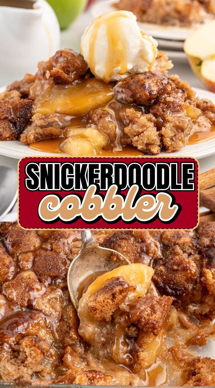 A warm dish of gooey Snickerdoodle Cobbler topped with melting vanilla ice cream