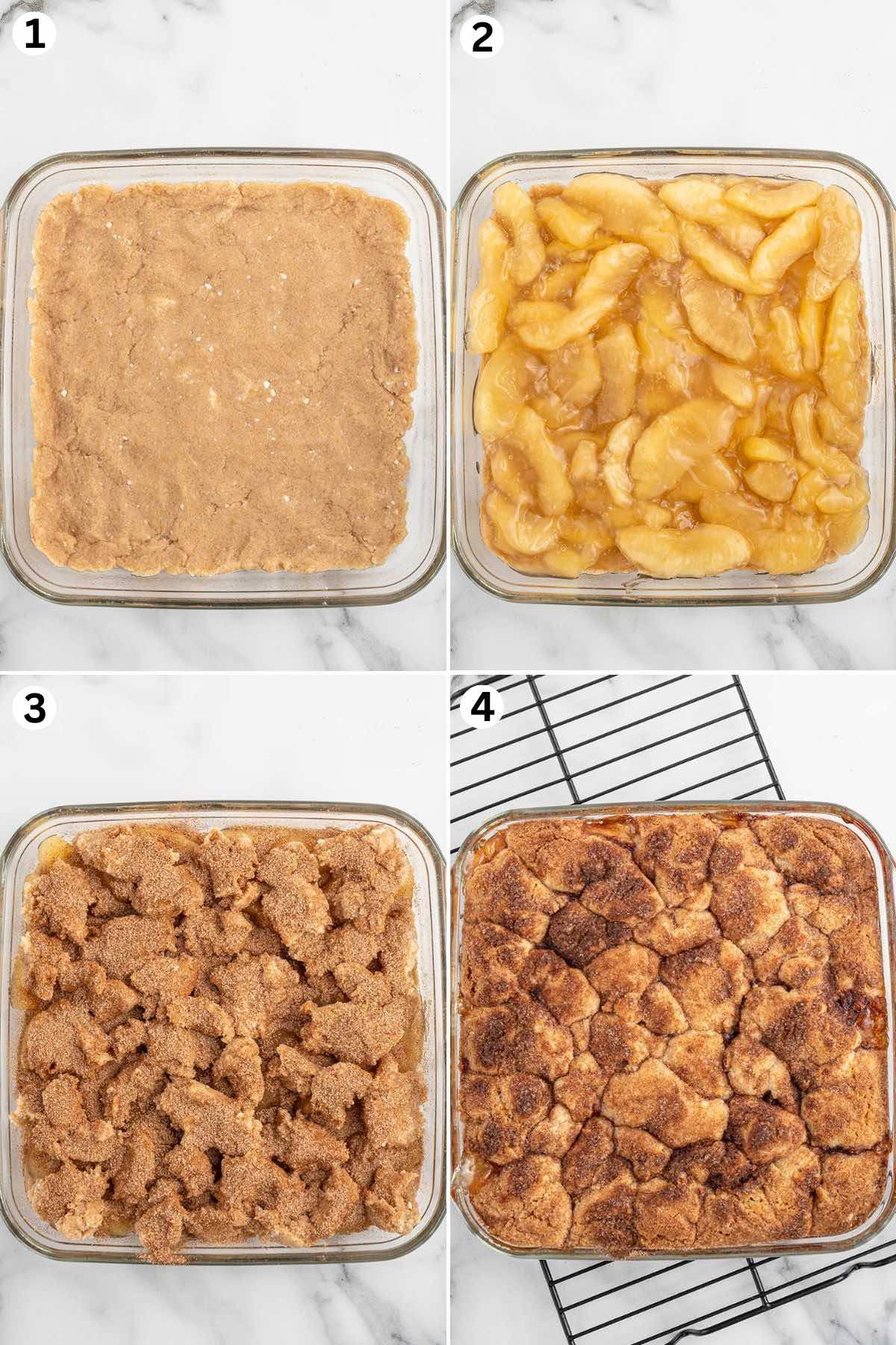 press the cookie mixture at the bottom of baking dish. pour the apple pie filling on top. put cookie dough crumble on top of the apple pie filling and bake.