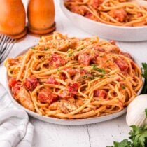 spicy chicken pasta in a plate.