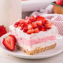 Strawberry Lasagna on a white plate.