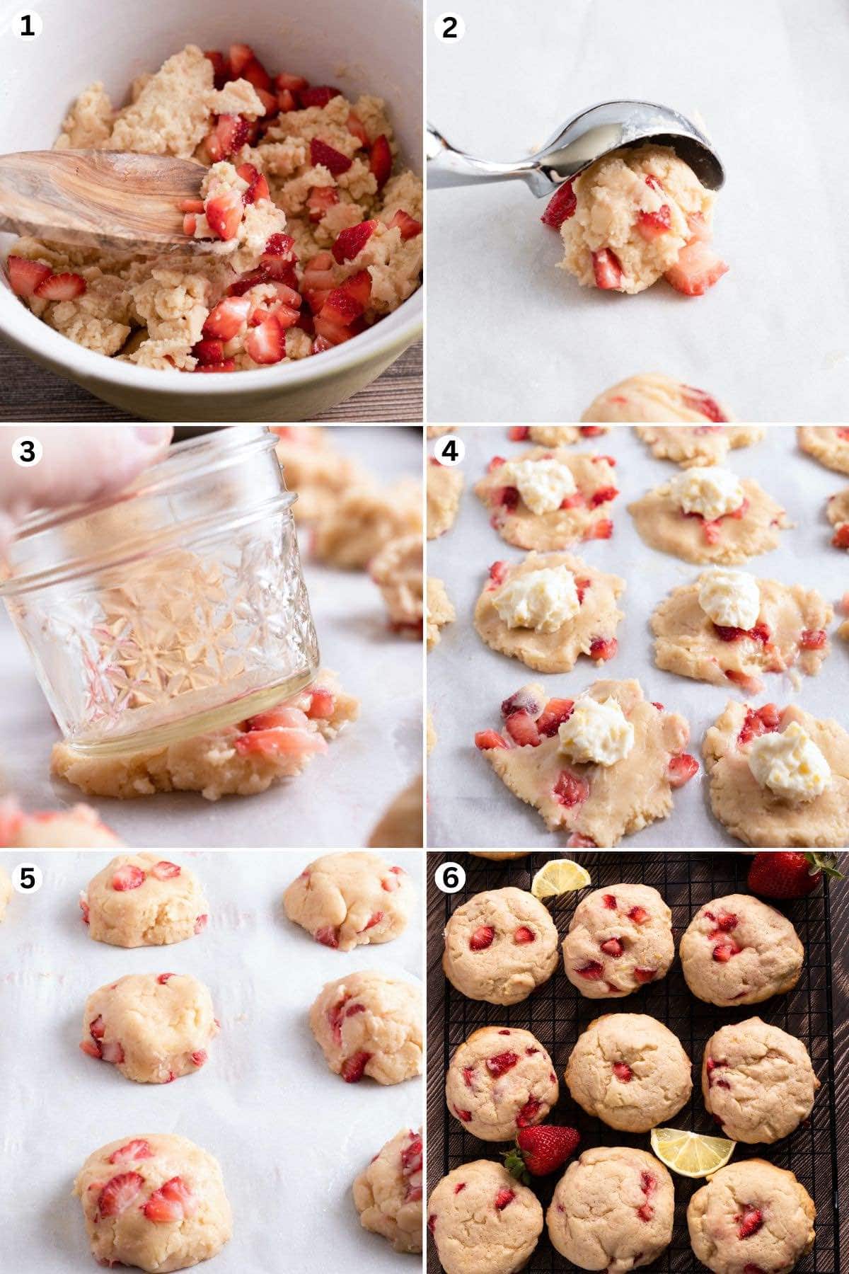 make the strawberry batter and scoop a small amount. Flatten the dough. place cream cheese dough balls on top. cover with another strawberry batter and roll in a ball. Bake.