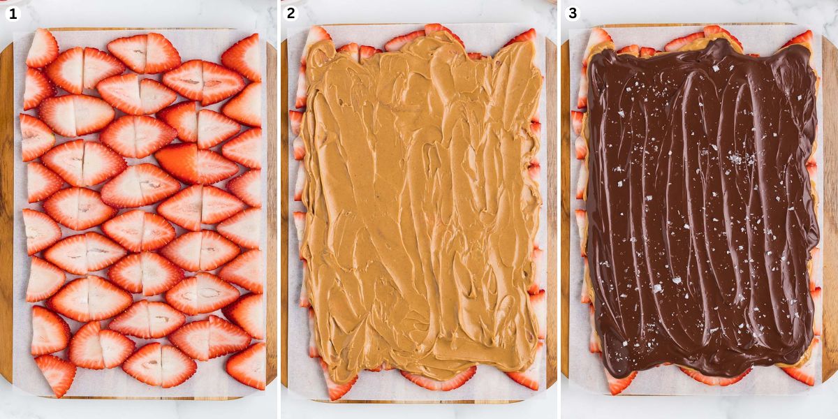 Slice the strawberries and arrange in rows. Spread the peanut butter over the strawberries. Pour the chocolate over the peanut butter then sprinkle with sea salt.