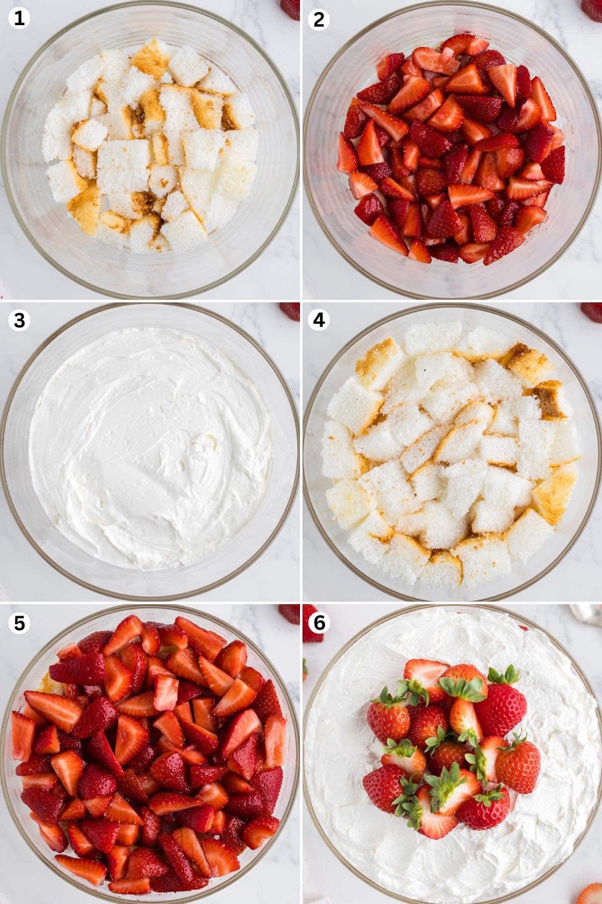 place the cake layer at the bottom of the trifle bowl. top with strawberries, cream cheese, another layer of cake, strawberries and whipped cream.