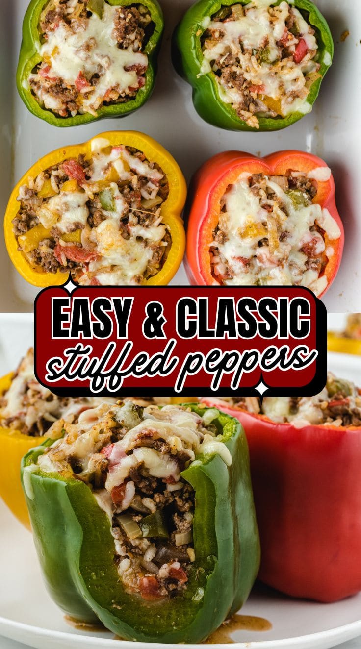 Top view of 4 colorful Stuffed Peppers