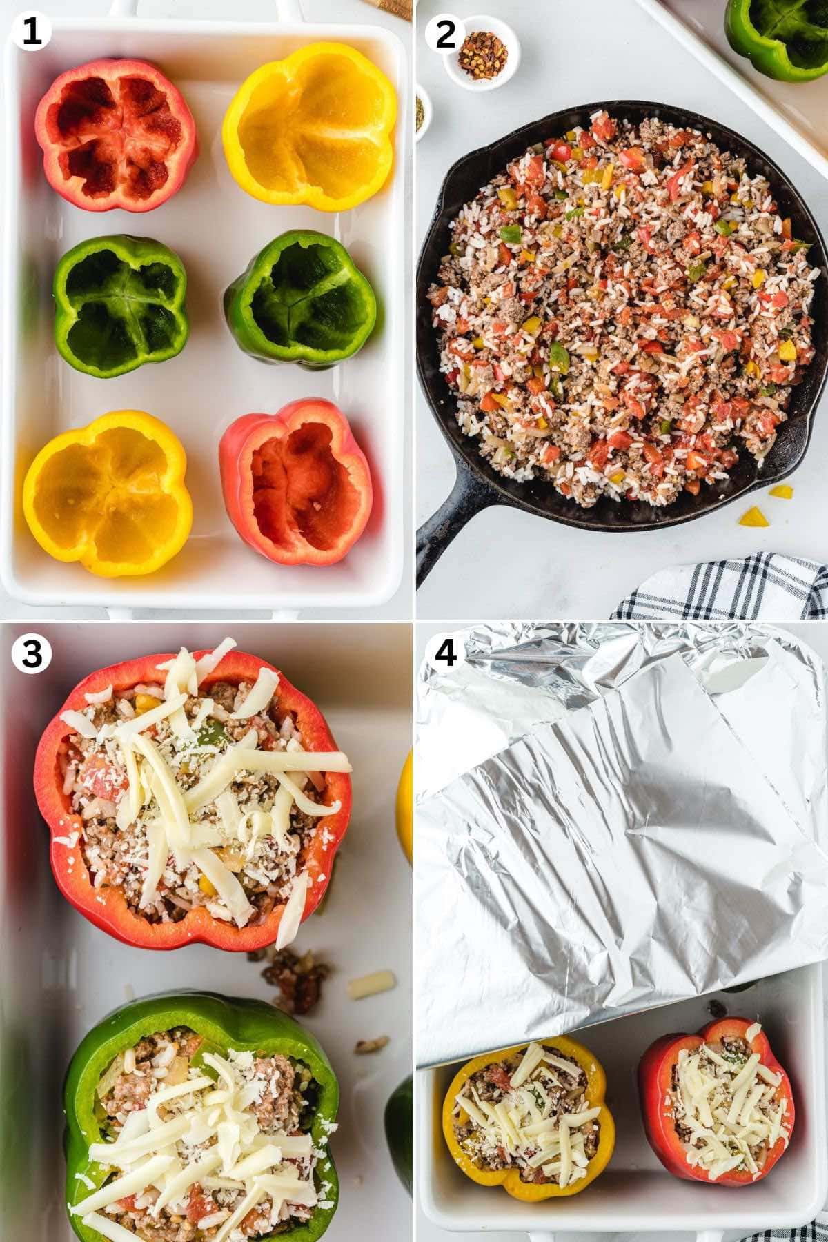 a couple of bell peppers on baking dish. the stuffing mixture in the pan. pour stuffing into the bell pepper and top with cheese. cover with aluminum foil and bake.