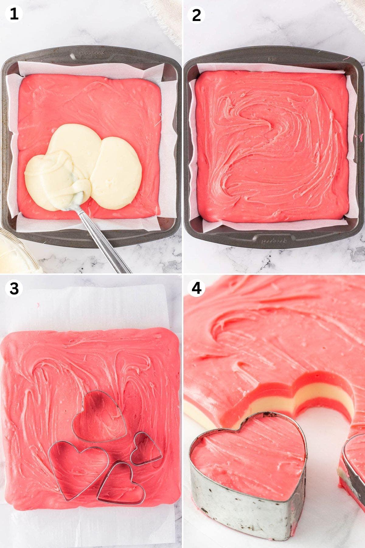pour the pink layer in a pan and top with the white layer. Use a small heart-shaped cutter and cut a heart shaped fudge.