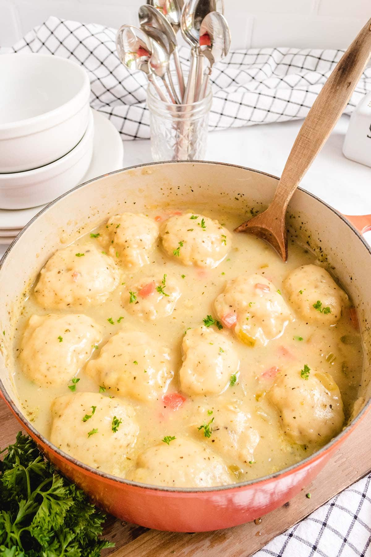chicken and dumpling in a big pot on top of white table.