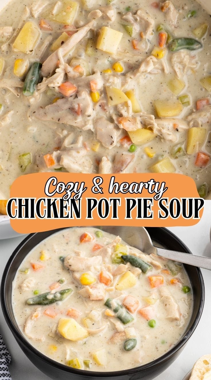 A spoon digging into Chicken Pot Pie Soup in a black bowl.