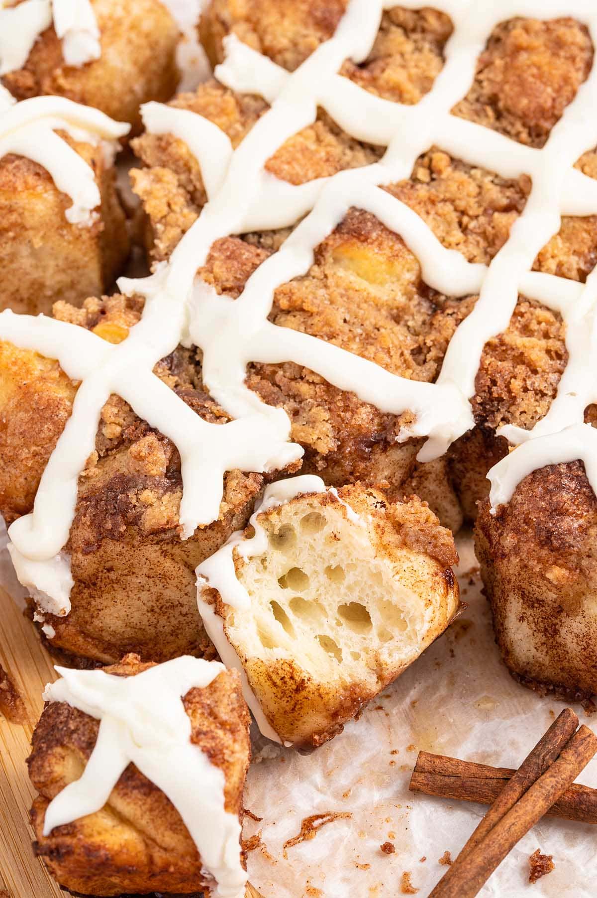 cinnamon pull apart with criss cross pattern on top.