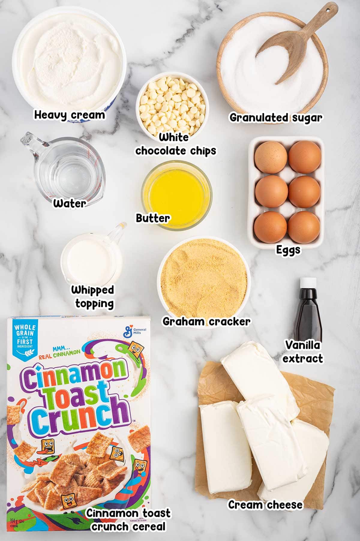 Cinnamon Toast Crunch Cheesecake ingredients.